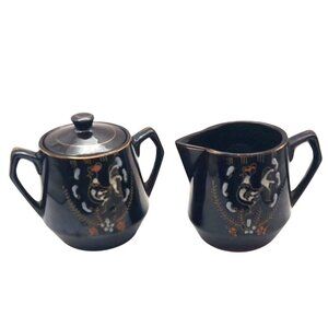 Vintage Redware Moriage Creamer & Sugar Bowl Set W/ Lid Rooster Farmhouse Japan